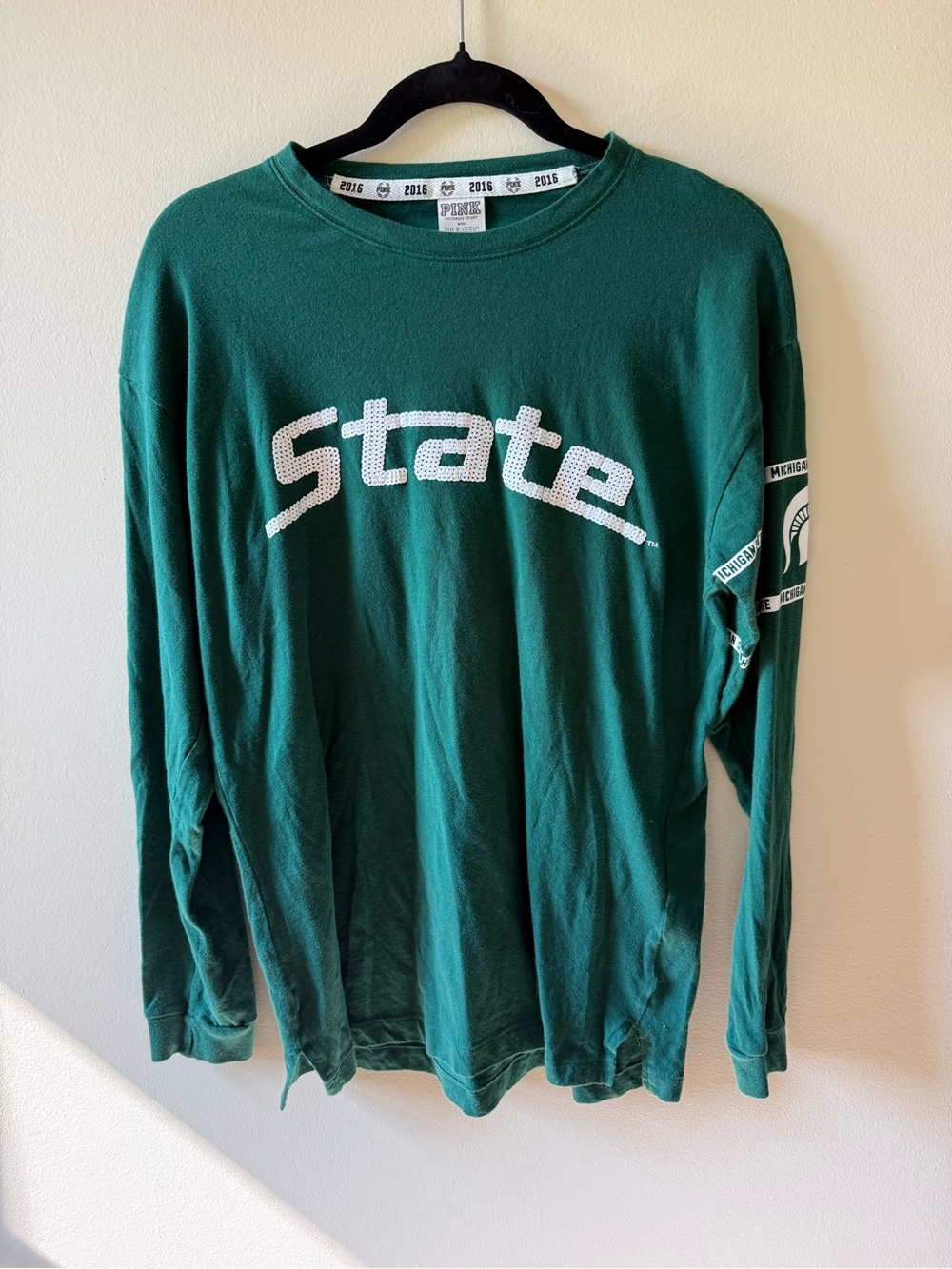 PINK Victoria's Secret Michigan State Spartans Long Sleeve Tee XS 2016 Game Day